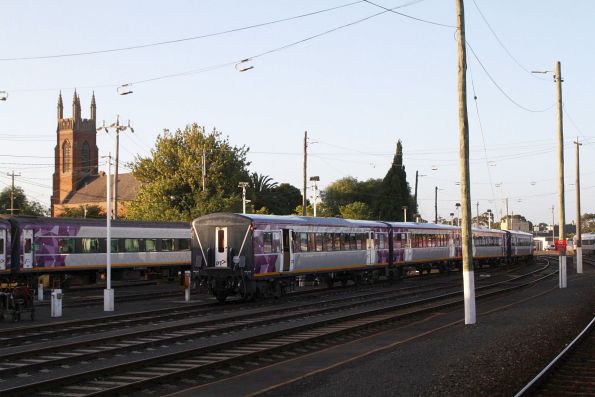 Y129 shunts carriage set SLH33 back from the train wash and into the sidings at Geelong