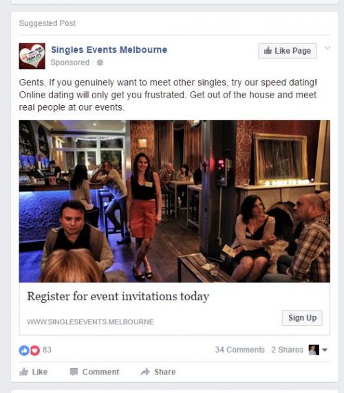 Facebook suggested post - "Singles Events Melbourne"