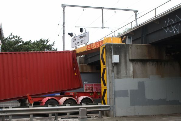 40 foot container dislodged from the truck after it hit the Napier Street railway bridge