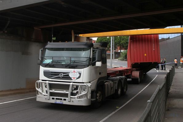 40 foot container dislodged from the truck after it hit the Napier Street railway bridge