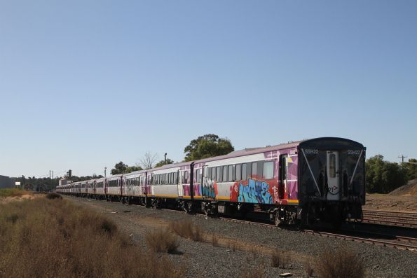 Carriage set SSH22 at the up end of the three 6-car sets stored at Echuca