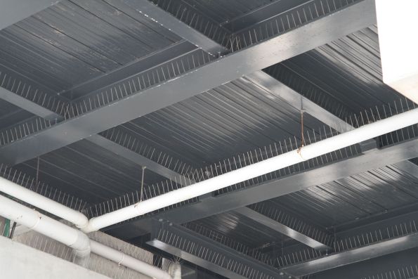 Newly installed bird spikes on the east end of the Sunshine station concourse