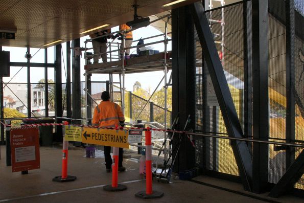 Scaffolding set up across the west entrance to Sunshine station so bird spikes can be installed