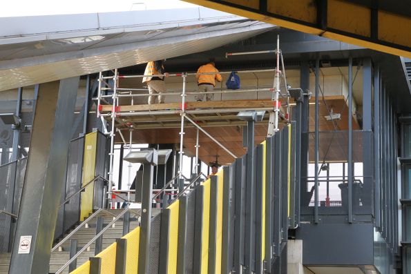 Scaffolding set up across the west entrance to Sunshine station so bird spikes can be installed