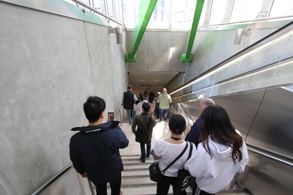 Headed down the steps at the Domain Road entrance to Anzac station