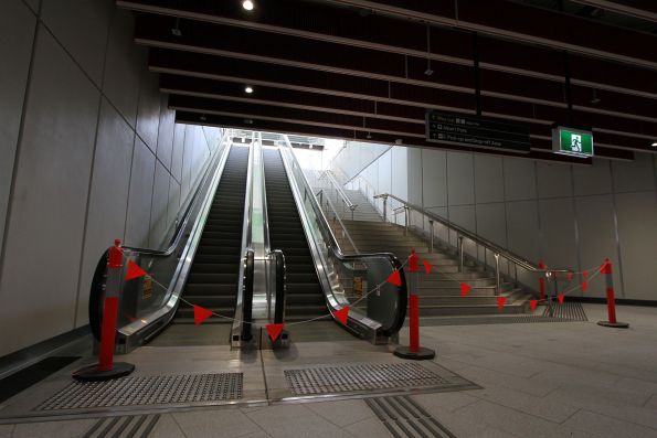 Pair of escalators and steps at the Albert Road entrance to Anzac station