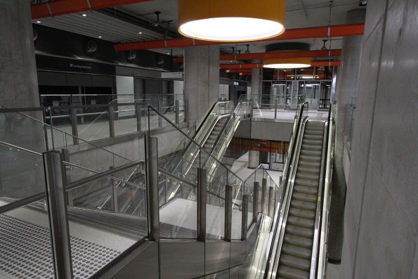 Steps and pair of escalators to the north end of the Anzac station platforms