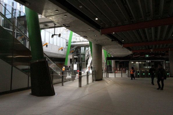 Looking out from the paid area towards the atrium at Anzac station