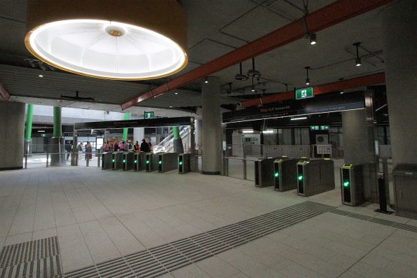 Two banks of Myki gates at the exit from the paid area at Anzac station