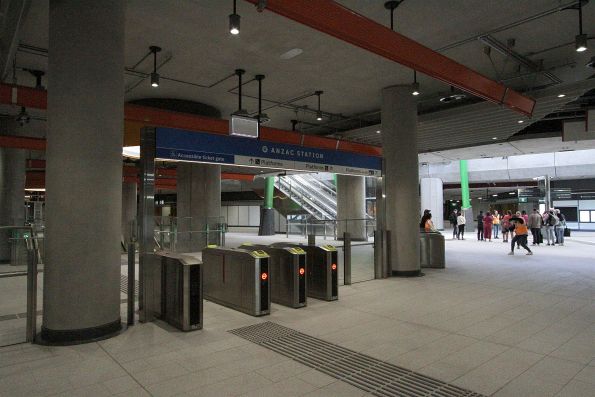 Two banks of Myki gates at the exit from the paid area at Anzac station