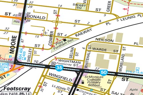 Footscray's Fordham Reserve on a Melway map