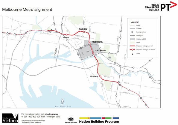 Overall map of the Melbourne Metro rail tunnel alignment