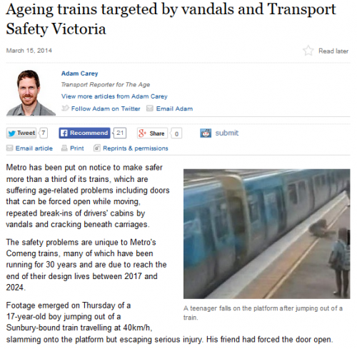 Article on Comeng train doors: The Age, March 15, 2014