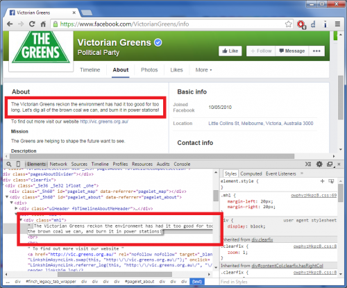 Fake Facebook page for the Victorian Greens