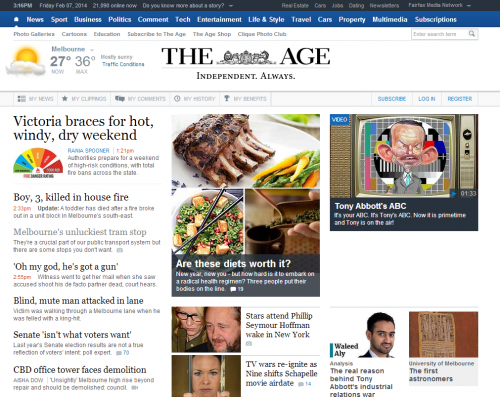 Front page of The Age website, February 07 2014