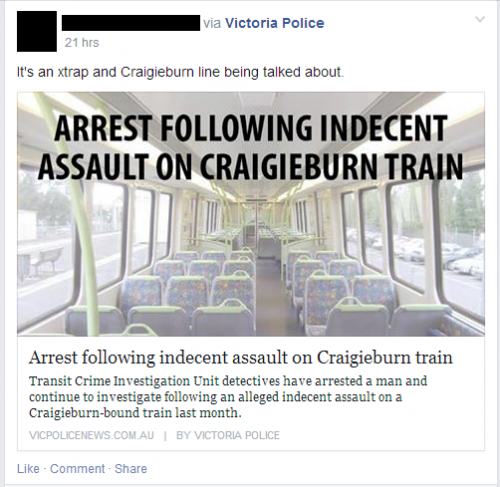 Victoria Police media release involving the Craigieburn line, featuring an XTrapolis train